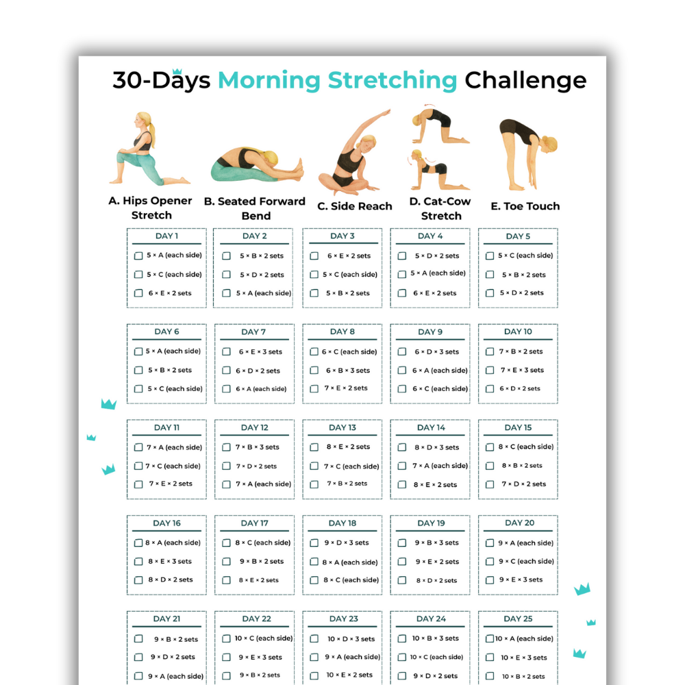 PostureKing 30-Day Morning Stretching Challenge (Digital Product | Printable PDF | A4)